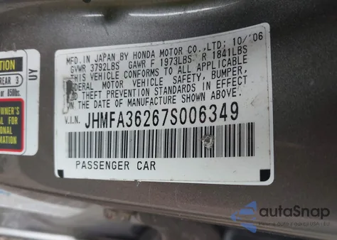 2007 Honda Civic Hybrid from USA, damaged, VIN JHMFA36267S006349